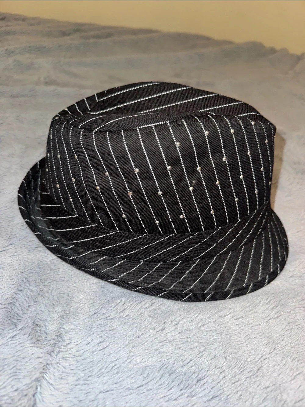 Rebecca Bonbon Black Pinstripe Fedora Hat with Crest Accent